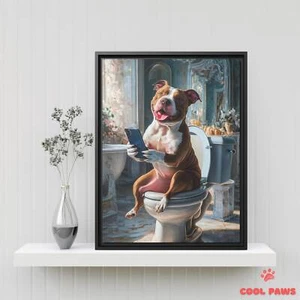 Funny Pit Bull Bathroom Art Print - Dog in Toilet with Cell Phone - Wall Art - Picture 1 of 9