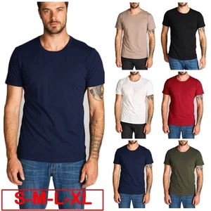 Men T-Shirt Short Sleeve Round Neck Basic Casual 100% Cotton Crew Top S M L XL - Picture 1 of 8