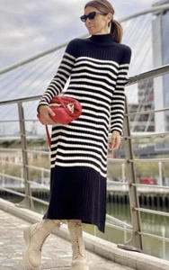 ZARA BLACK ECRU STRIPED WOOL BLEND HIGH NECK MIDI KNIT DRESS SIZE L UK 14 £60 - Picture 1 of 11