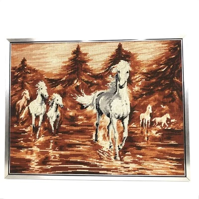 Vintage White Horses Needlepoint Tapestry Framed 27x21” - Image 1 of 4