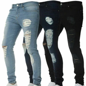 Men's Stretchy Ripped Skinny Jeans Frayed Slim Fit Trousers Denim Casual Pants - Picture 1 of 9