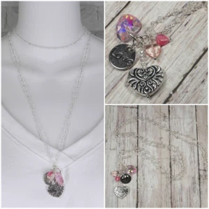 Chalcedony Clear Crystal Quartz Hydro Charm Necklace Love Hearts 36" New - Picture 1 of 9