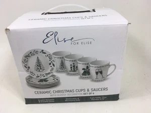 Christmas Coffee Cups Mugs With Saucers Set Of 4 Glossy Decor Elise Ceramic - Picture 1 of 6