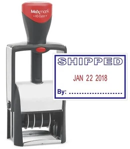 Heavy Duty Self Inking Date Stamp with Phrase Shipped - 2 Color Blue/Red Ink - Picture 1 of 7