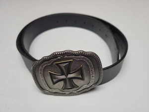 Levi's Leather Belt Black Silvertone Buckle Iron Cross Size L 11LV02GV - Picture 1 of 5