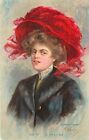 c1908 Postcard; Lovely Lady in Huge Red Feathered Hat, A/S Kiefer "My Chum"