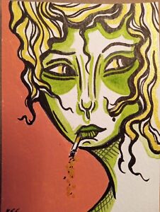 ESS22 ACEO moody alternative girl art ink & acrylic painting on paper ESS22