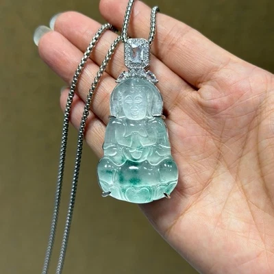 Colgante y collares amuleto guanyin jadeíta verde hielo alto natural real Foto 1 de 4