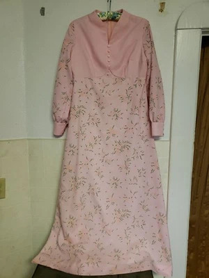 Maxi Vestido De Colección Años 60 70 Rosa Pastel Pálido Floral Poliéster Mangas Largas M-L Foto 1 de 4