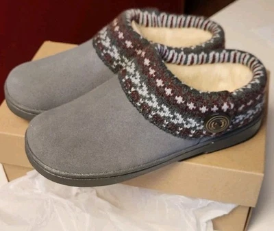 Clarks Suede Tan Brown Leopard Knitted Collar Clog Plush Fur Lining Slippers - Image 1 of 4