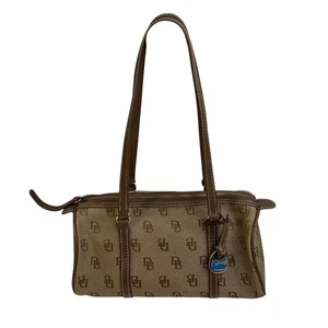 Vintage Y2K Dooney & Bourke Barrel Bag Brown Signature Logo Print Zip Shoulder - Picture 1 of 18