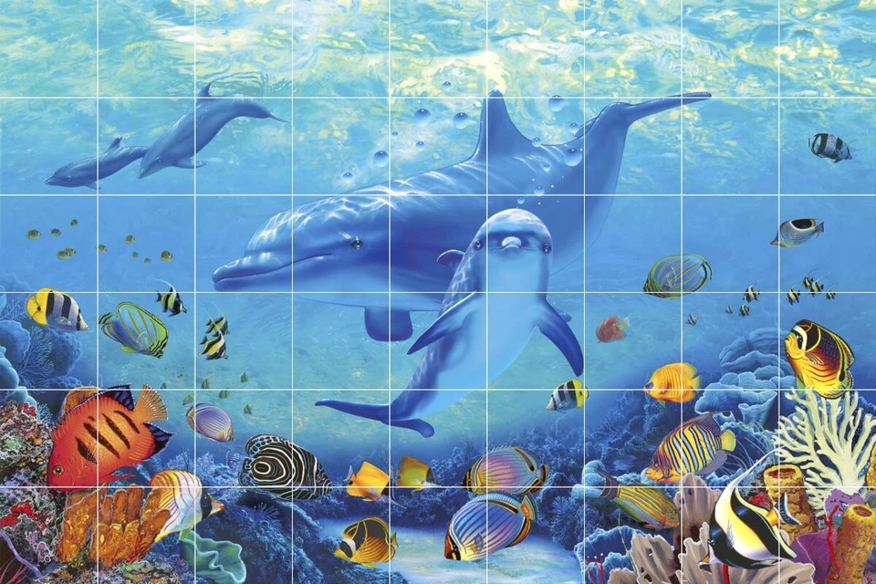 Mural de azulejos de salpicadero de cerámica delfín ballena bajo el agua - Bendiciones del mar Foto 1 de 1