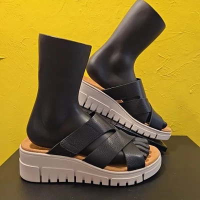 NUEVO Sandalias de cuña Vionic para mujer Uptown Sunset Slide de cuero negras talla 7,5 Foto 1 de 4