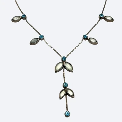 Lia Sophia Necklace Gunmetal Gray Y Drop Blue Rhinestone Flower Frosted Leaves - Image 1 of 4