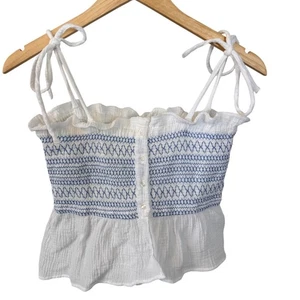Blusa sin mangas Free People blanca y azul con tirantes y corbata boho verano - Imagen 1 de 6