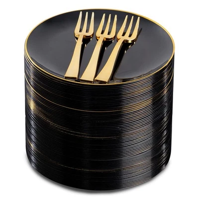 200Pcs Black Gold Dessert Plates 6.3" with Plastic Forks 5"- Small Disposable... - Image 1 of 4