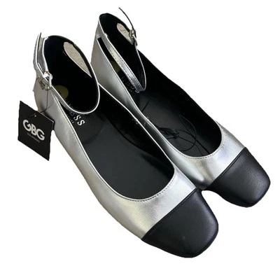Guess Silver Black Ankle Buckle Cap Toe Small Block Heel Size 8 M City - Image 1 of 4