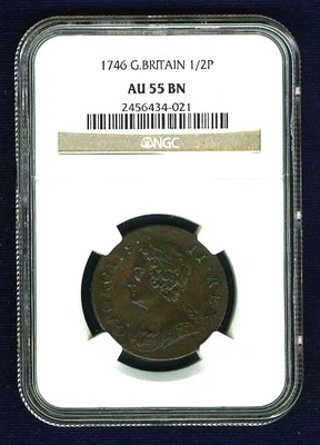 ENGLAND KING GEORGE II  1746 1/2D HALF PENNY COPPER COIN, NGC CERTIFIED AU55-BN - Image 1 of 4