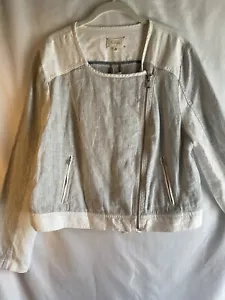 NWT Lou & Grey XL 100% Linen Side Zip Striped Cropped Moto Jacket White Gray - Picture 1 of 13