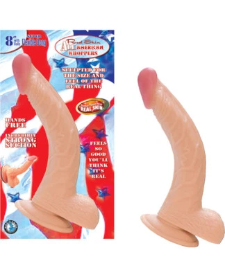 All American Whoppers Cock w Balls 8" Dildo Beige - Realistic G-Spot Curved Dong - Image 1 of 2