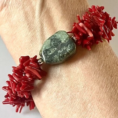 Turquoise Red Coral Branch Bracelet 3 Multi Strand Silver Tone Adjust 8 to 10in - Image 1 of 4