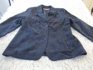 Coldwater Creek Jacket Womens 16 Blue Embroidered Blazer wool BLEND Lined Office