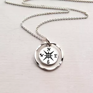 925 Sterling Silver Compass Necklace Dainty Travel Jewelry Gift for Her No Chain - Picture 1 of 3