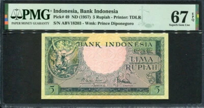 Indonésia 1957, 5 rúpias, P49, PMG 67 EPQ excelente GEM UNC - Imagem 1 de 2