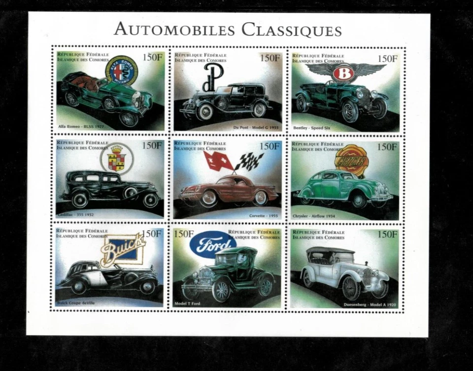 Comoros 1999 - Classic Automobiles - Sheet of 9 Stamps - Scott #841 - MNH - Image 1 of 1