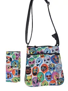 "Bolso bandolera y billetera a juego con patrón "MÁSCARAS DE PELEA", nuevo, 2 artículos - Imagen 1 de 7