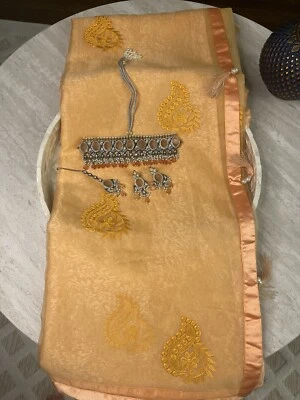 Indian Women's Traditional  Organza Silk Saree With Blouse Piece - Image 1 of 4