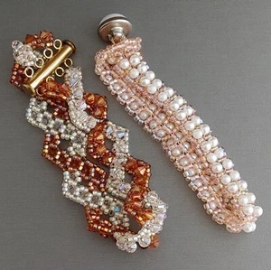 Handmade Beaded Bracelets Lot 2 Crystal Bicone Faux Pearls Peach Cognac Artisan - Picture 1 of 8