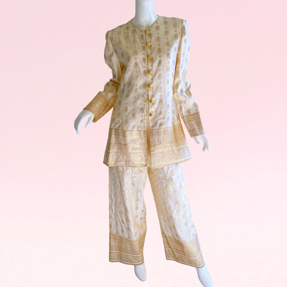 Conjunto de pantalón de boda indio bordado metal seda dorado Mary McFadden Couture años 80 Foto 1 de 4