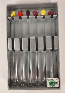 Set Of 6 FRUIT Glass Swizzle Sticks Stir Grapes Banana Apple Lemon Orange NOS - Imagen 1 de 6
