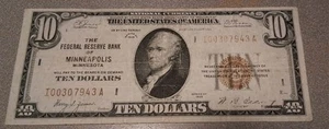 1929 F.R.B. OF MINNEAPOLIS MINNESOTA $10 DEPRESSION ERROR NOTE - Picture 1 of 3