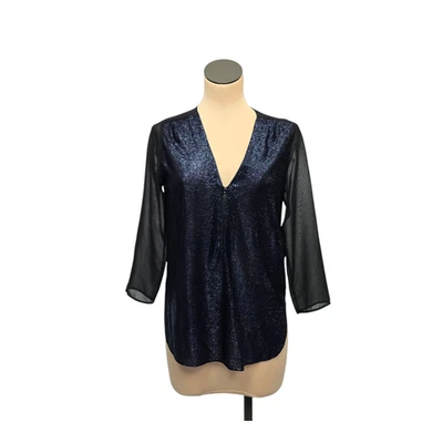 Sandro Paris Shirt Womens Medium Black Blue Metallic Sheer 3/4 Sleeve Deep V - Image 1 of 4