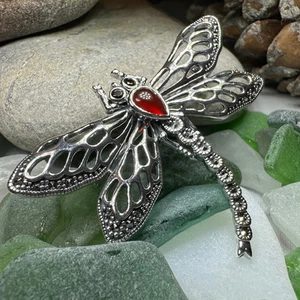 Dragonfly Brooch Large Ladies Insect Marcasite Boho Pin 925 - Picture 1 of 13