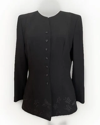Kasper ASL Jacket Womens Sz 10 Black Button Front Embroidered Butterflies Lined - Image 1 of 4
