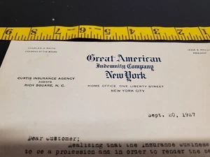 Carta de Nueva York de la Great American Indemnity Company del 20 de septiembre de 1927 - Curtis Ins Agen - Imagen 1 de 4