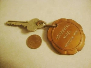Llavero de latón vintage OCCIDENTAL HOTEL ROOM 344 a juego ¡Raro coleccionable! - Imagen 1 de 6