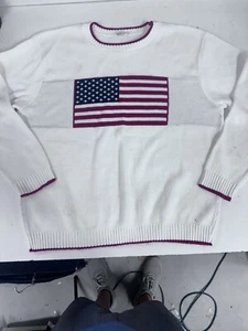 VTG Haband Sweater Mens XL White Piped USA American Flag Granny Core BL - Picture 1 of 6