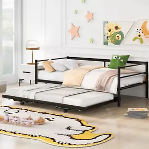 Modern Twin Size Metal Daybed Sofa Bed Frame with Pop Up Trundle Black Black - Picture 1 of 9