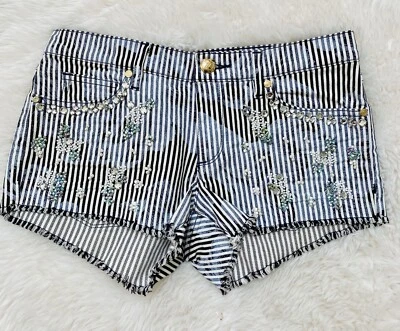 Pantalones Cortos Vaqueros JUICY COUTURE LA Y2k RAYAS RECORTADOS Denim Joyas PERLAS BRILLANTES Foto 1 de 4
