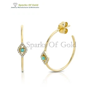 Pave Diamond Bezel Evil Eye With Turquoise Hoop Earrings 14k Gold Fine Jewelry - Picture 1 of 4