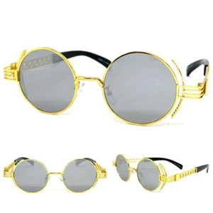 Hombres Classic RETRO Modern STEAMPUNK Cyber SUNGLASSES Round Gold Frame Silver Lens - Imagen 1 de 6
