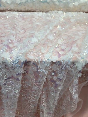 Tela de encaje blanco floral 3d vendida por yarda holograma lentejuelas bordado iridisco Foto 1 de 4