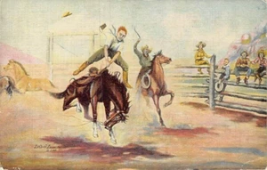 Postal: Vaquero en Bronco, de pintura Dude Larsen, lino - Imagen 1 de 2