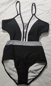Size Medium Women's One Piece V-Neck Swimsuit Padded Black White - Picture 1 of 2