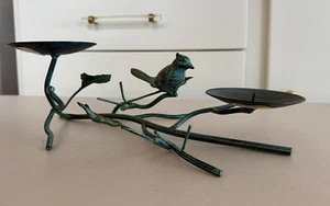 NEW 14" x 9" Heavy Metal Cardinal on a Branch - Double Pillar Candle Holder - Picture 1 of 6