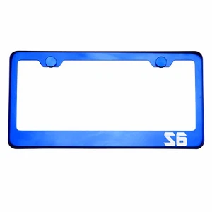 Blue Chrome License Plate Frame S6 Laser Etched Metal Screw Cap - Foto 1 di 8